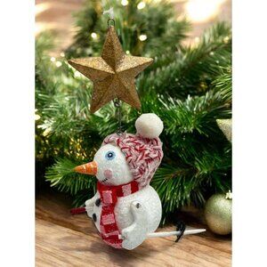 Vintage Skiing Snowman Christmas Tree Ornament with Star Folk Art